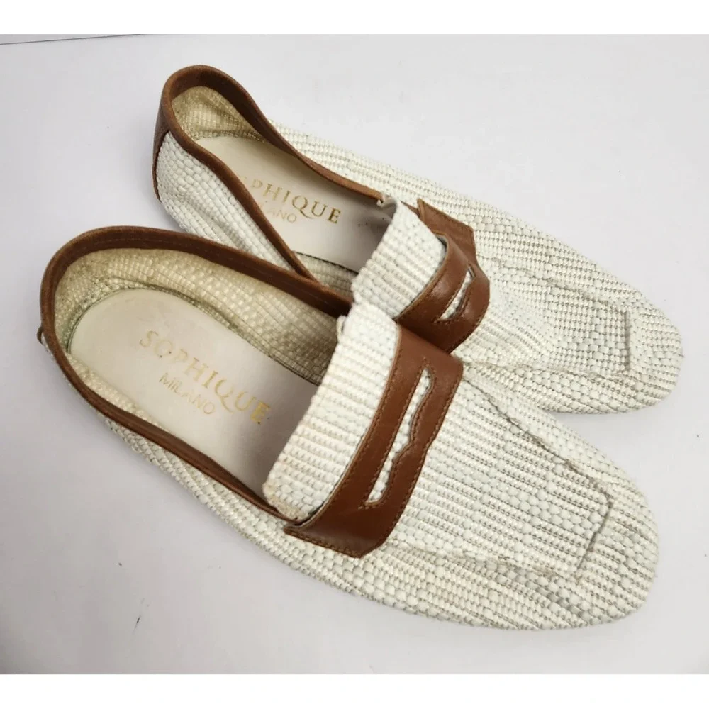 Sophique Milano Made In Italy Women's Riviera Raffia Leather Loafers Cream/Brown